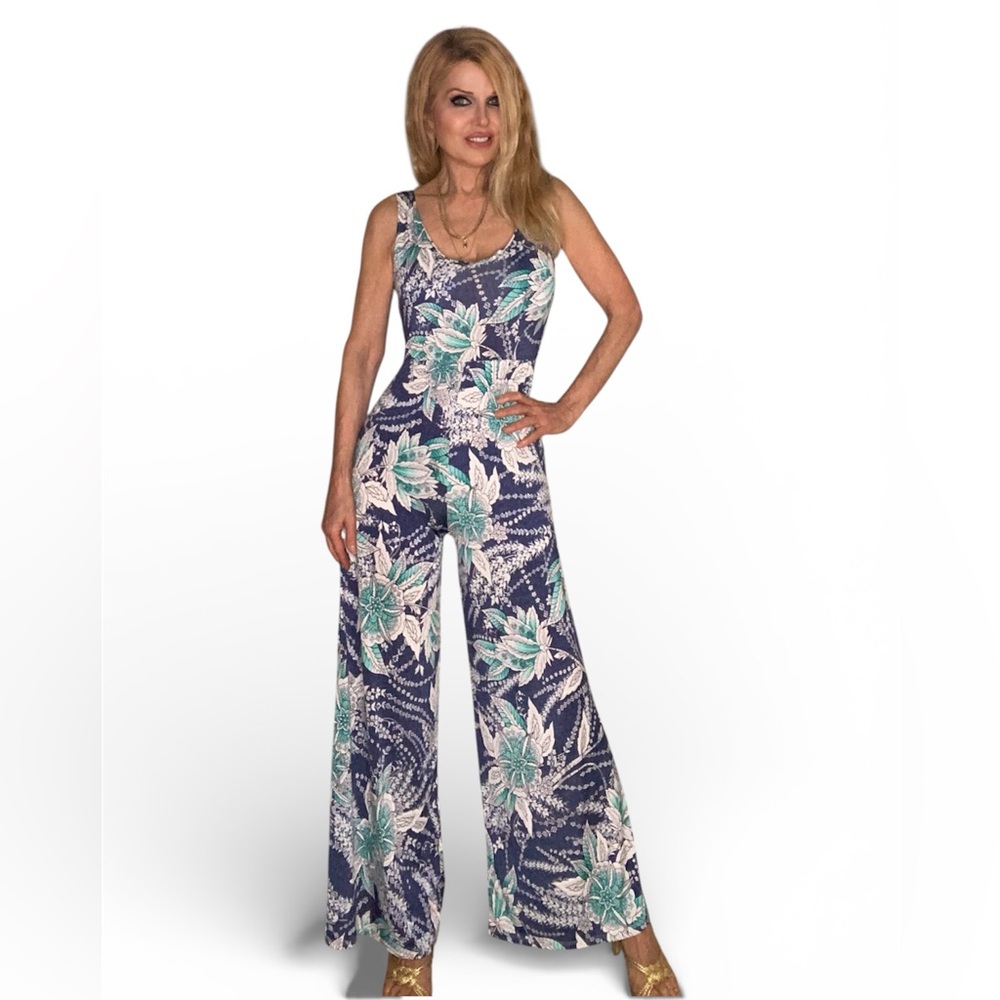 Floral Jersey Jumpsuit with Blue Turquoise and White Tropical on Denim Print S